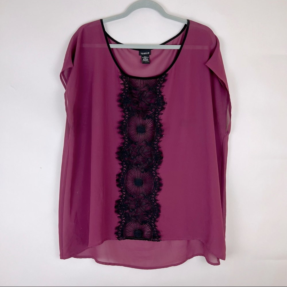 TORRID sheer Cabernet color sleeveless blouse with black embroidery Torr…